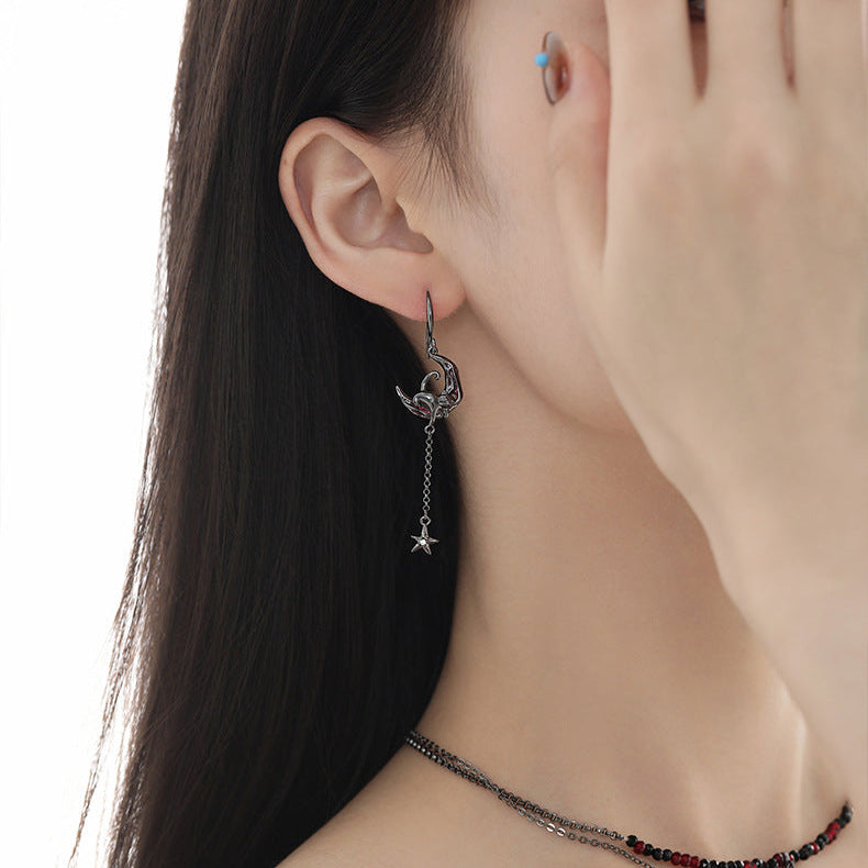 Y2K Goth Black Cat & Red Moon Asymmetrical Hook Earrings