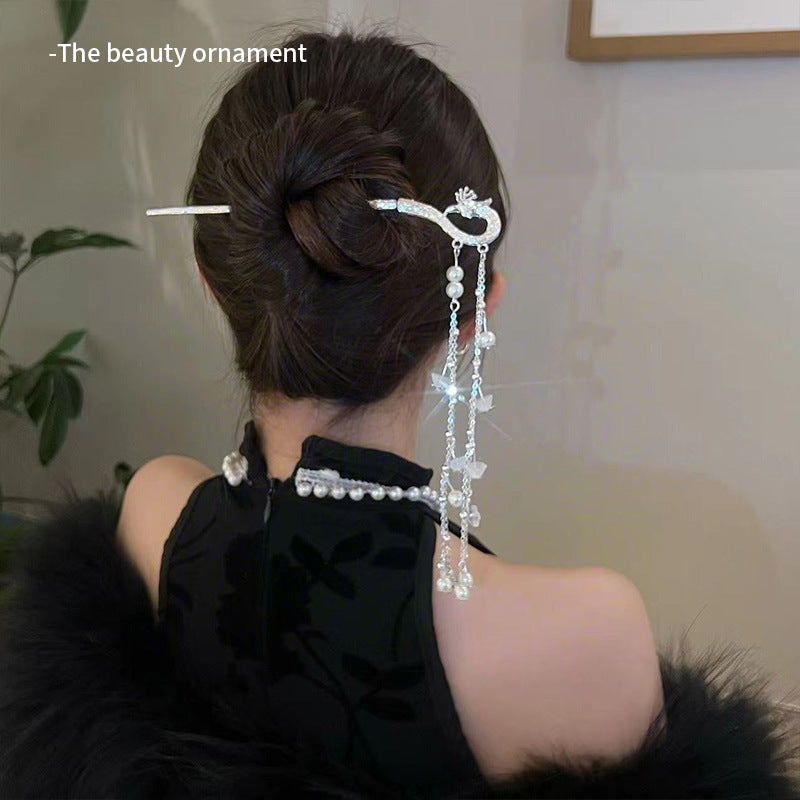 Ausgefallene silberne Haarnadel mit Phönix-Quaste für Damen