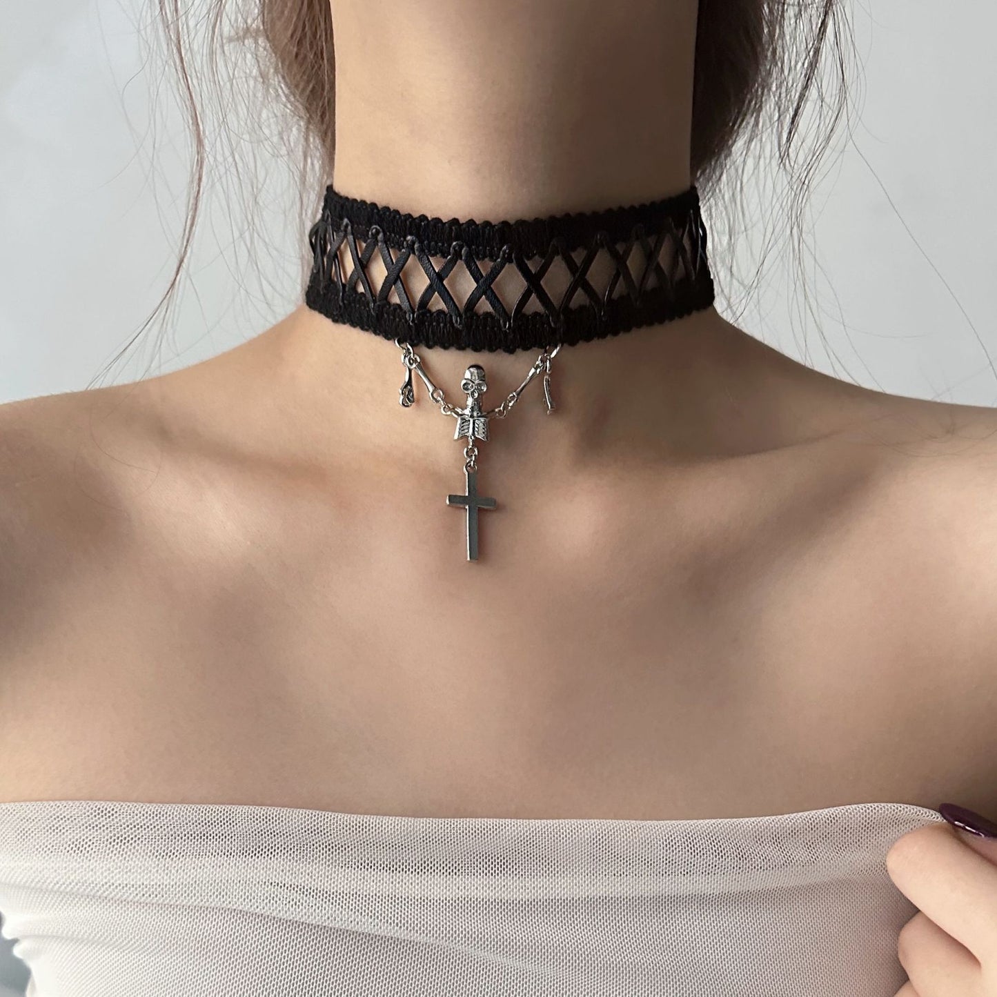 Goth Punk Cross and Skull Double Layer Choker Necklace