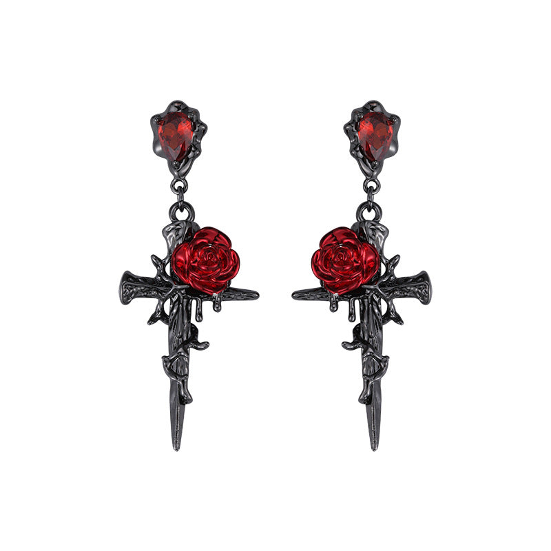 Gothic Style Red Rose & Cross Zircon Stud Earrings