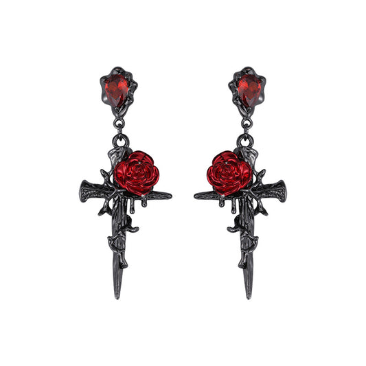 Gothic Style Red Rose & Cross Zircon Stud Earrings
