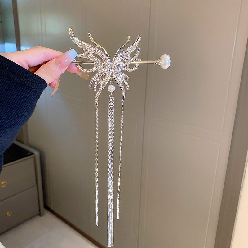 Designer Rhinestone Shining Butterfly Tassel Hairpin