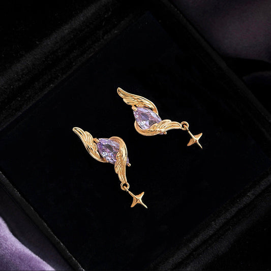 Robin Inspired Angel Wing Purple Zircon Stud Earrings