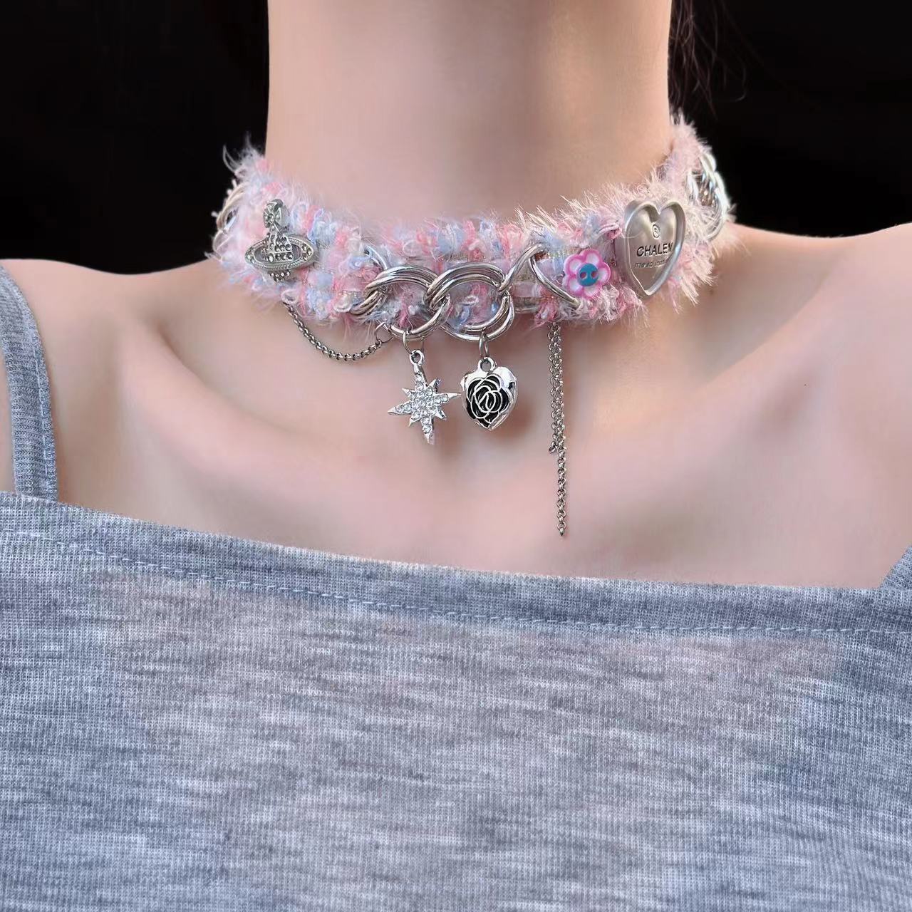 Y2K Spicy Girl Designer Herz &amp; Stern Woll Choker Halskette