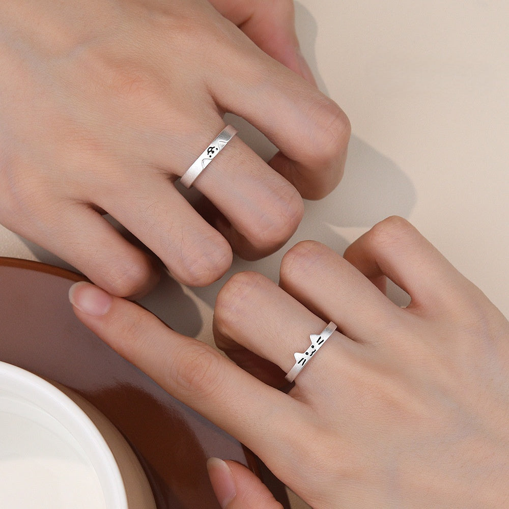 Cute Silver Cat & Dog Couple Open Rings