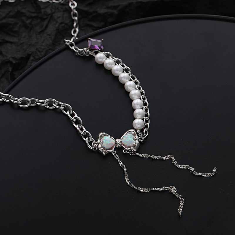 Sweet Girl White Opal Bow Rhinestone Necklace