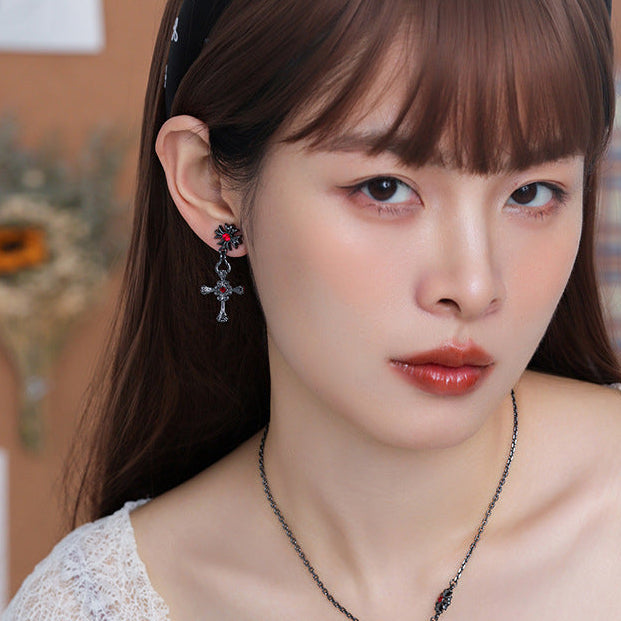 Goth Iris Cross Asymmetrical Stud Earrings
