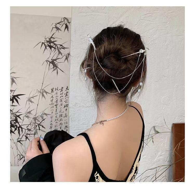 Women Designer Double Silver Flower Pearl Tassel Hairpin