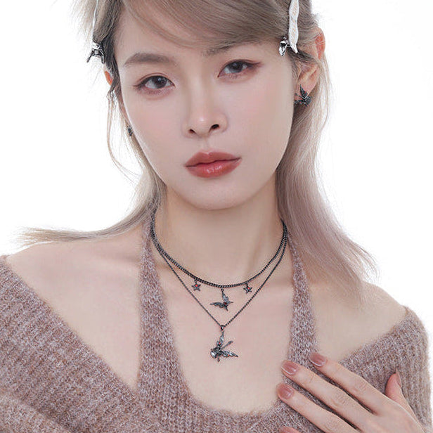 Goth Black Butterfly Guitar Double Layers Necklace