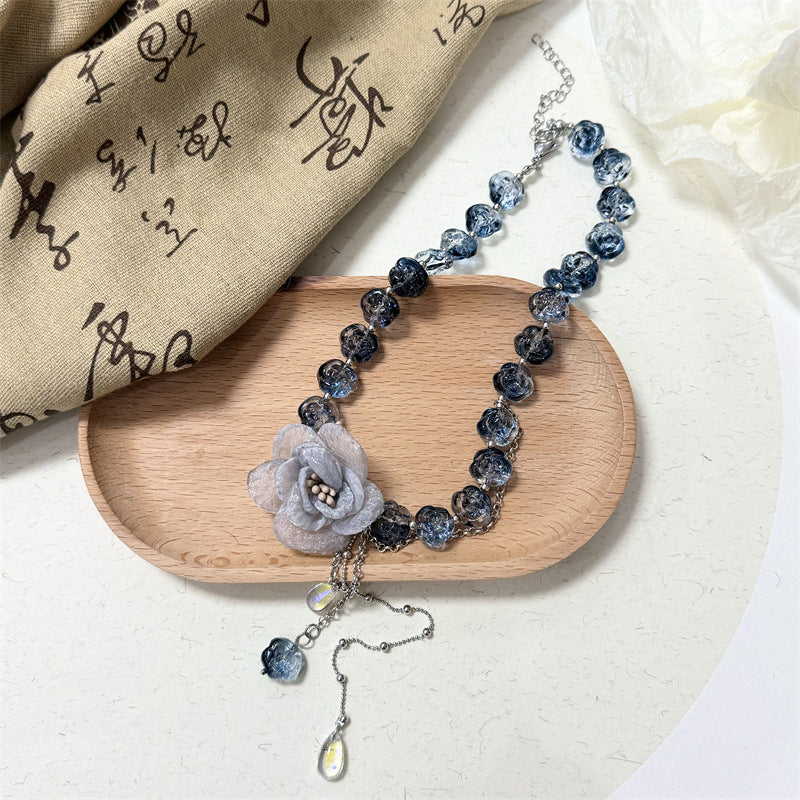 Süßes Mädchen Blau Organza Blume Perlen Quaste Choker Halskette
