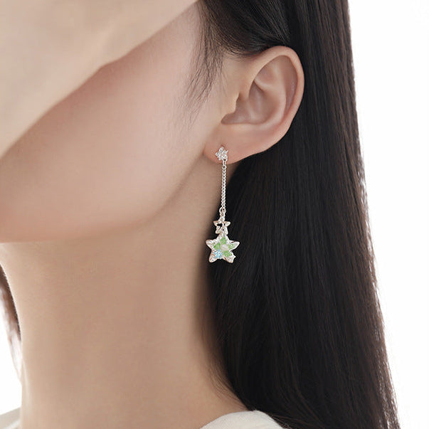 Designer Green Star Tassel Stud Earrings