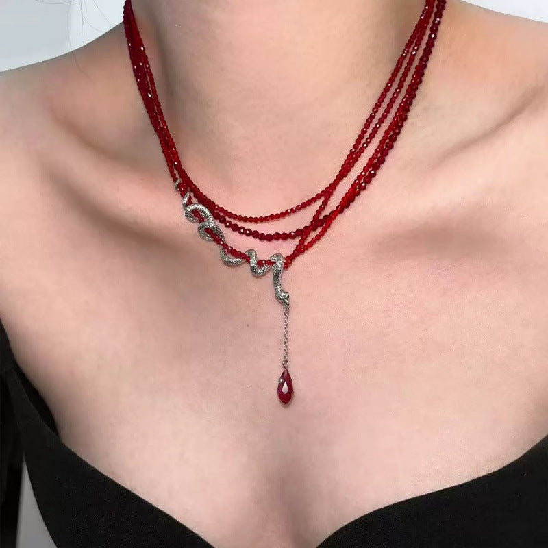 Red Crystal Beads Layered Snake Necklaces