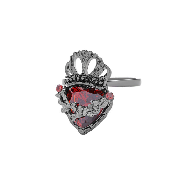 Gothic Girl - Offener Ring mit schwarzer Krone und Herz