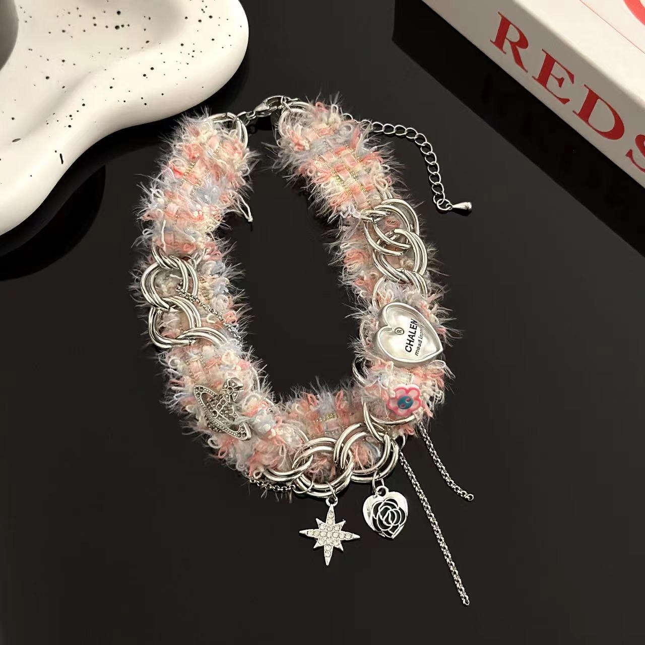 Y2K Spicy Girl Designer Herz &amp; Stern Woll Choker Halskette