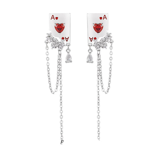 Ace of Red Hearts Tassel Stud Earrings