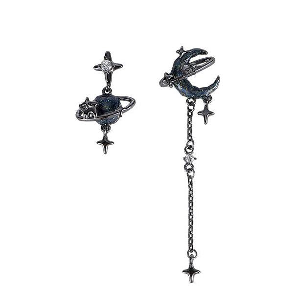Goth Dark Sweet & Cool Star & Moon Asymmetric Stud Earrings