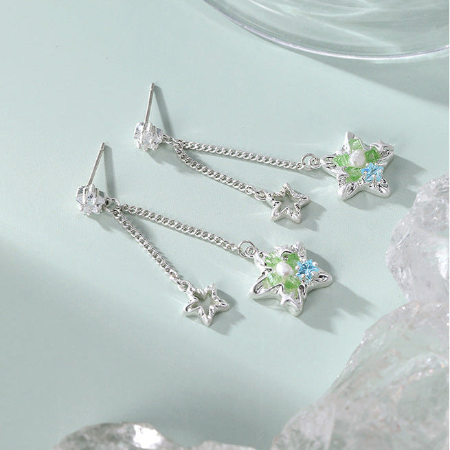 Designer Green Star Tassel Stud Earrings