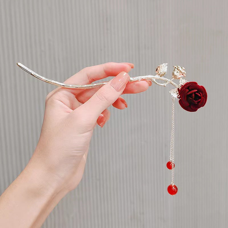 Vintage Red Rose Long Tassel Hairpin