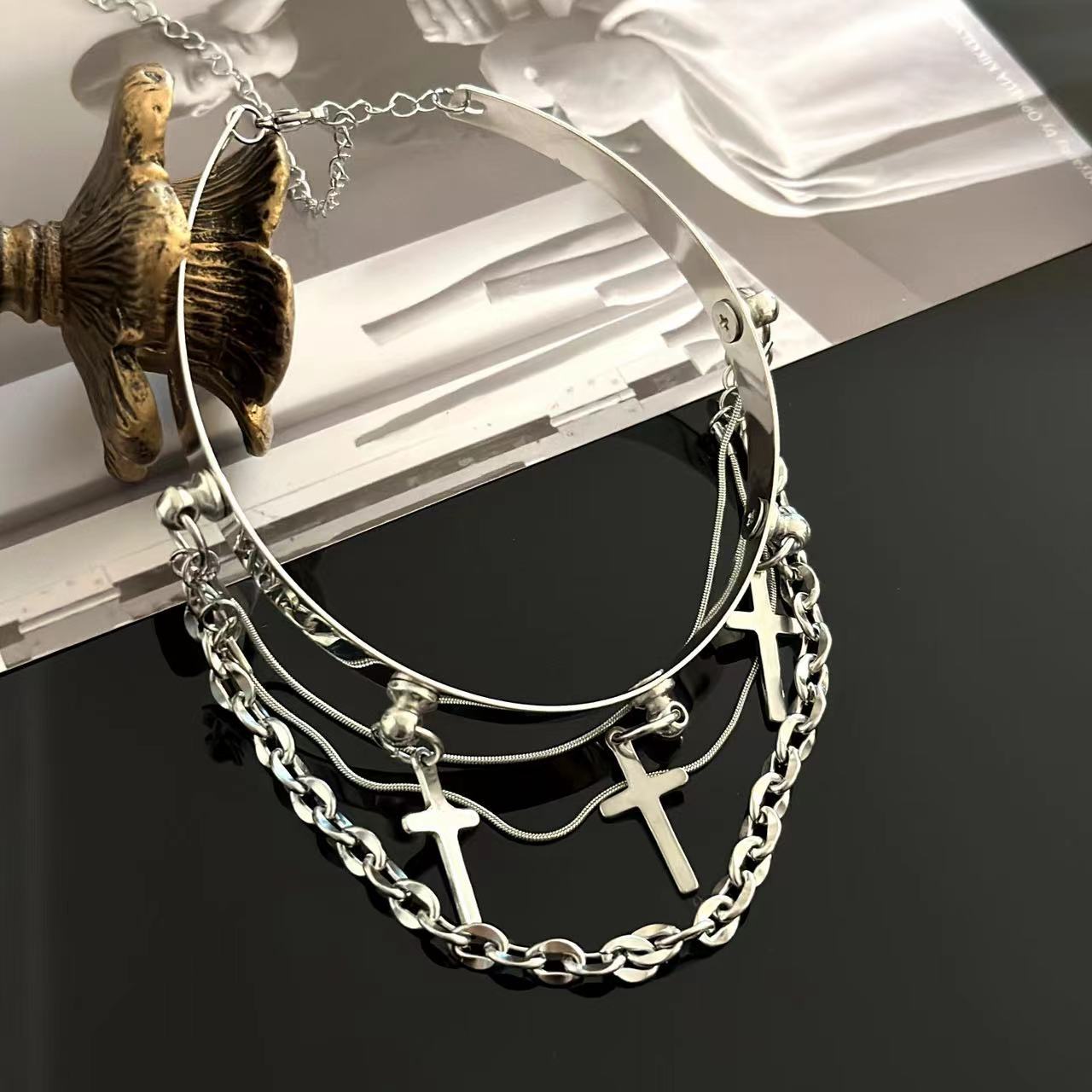 Exquisite Unisex Silver Cross Tassel Choker