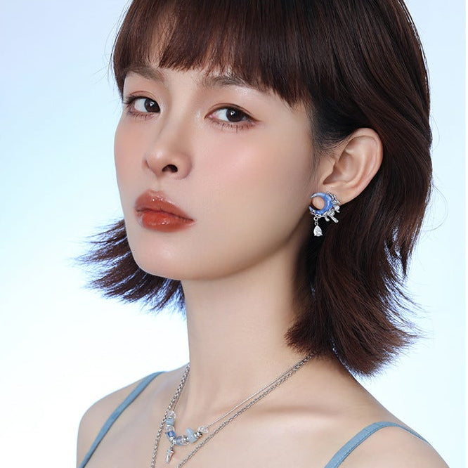 Y2K Blue Moon Rhinestone Stud Earrings
