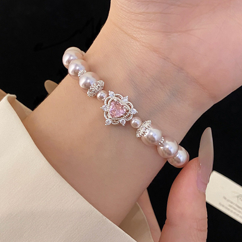 Sweet Heart & Rose Zircon Pearl Bracelet