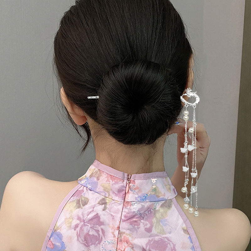 Ausgefallene silberne Haarnadel mit Phönix-Quaste für Damen