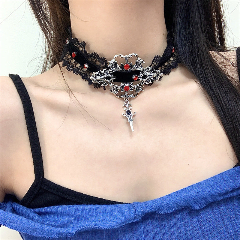 Gothic Punk Schwarz Velet Rot Strass Halsband
