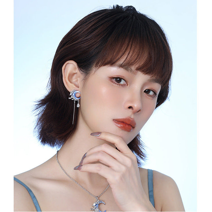 Y2K Blue Moon Rhinestone Tassel Earrings