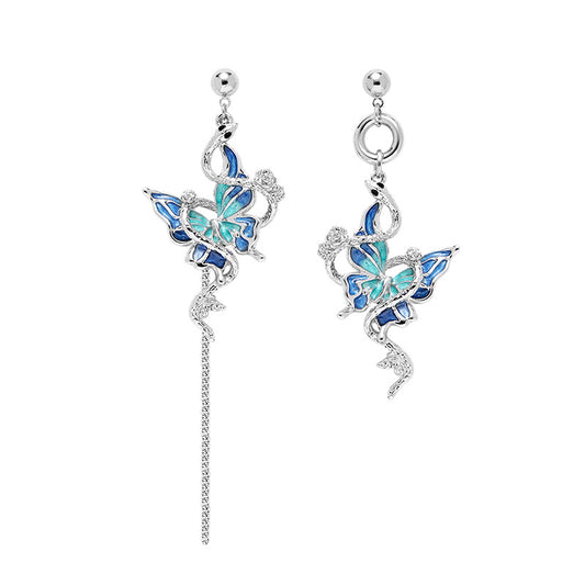 Y2K Blue Butterfly Snake Asymmetrical Stud Earrings