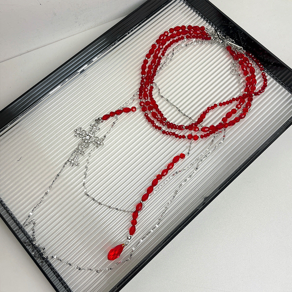 Gothic Girl Rote Perlen Kreuz Mehrlagige Halskette Choker