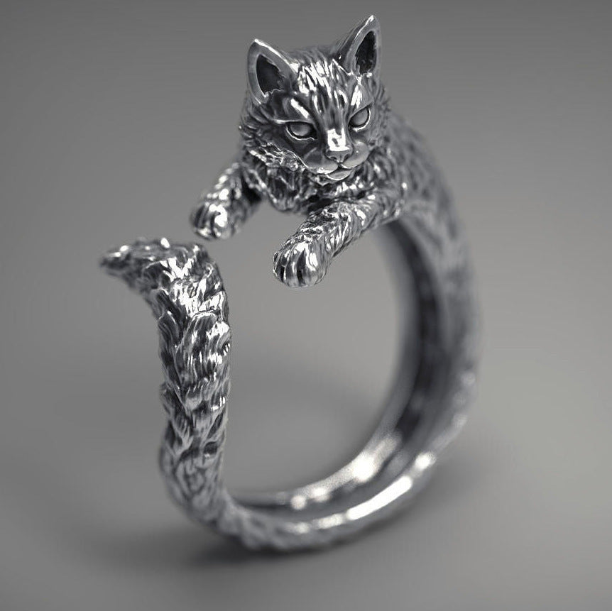 Unisex Silber Süßer Retro Katzen Offener Ring