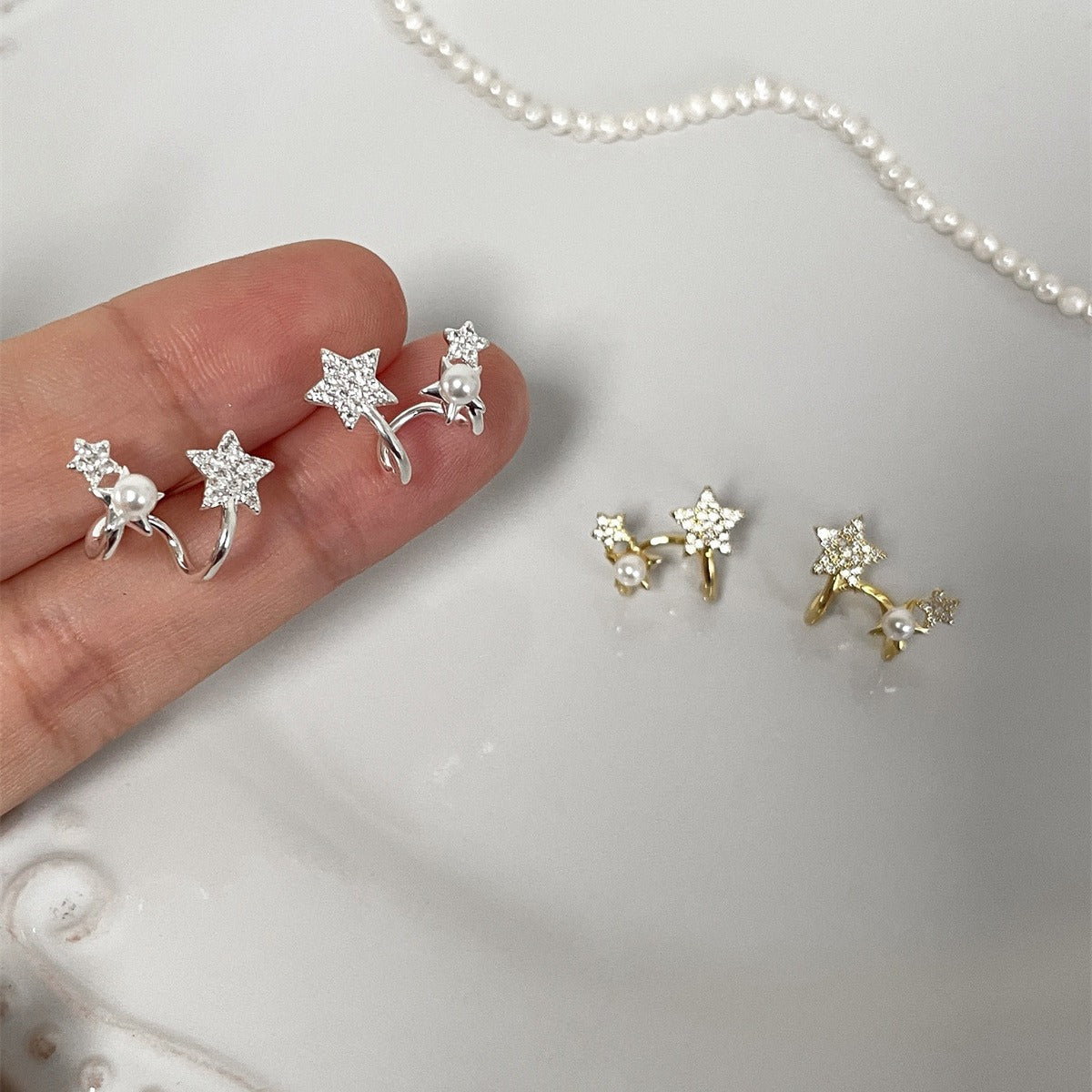 Sweet Shining Star & Pearl Stud Earrings
