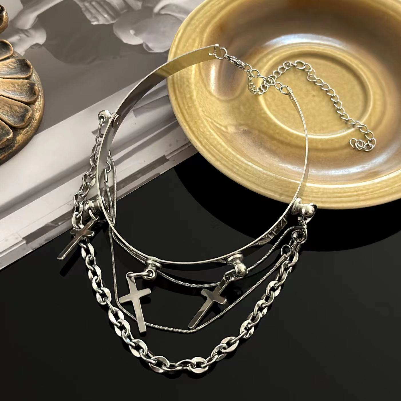 Exquisite Unisex Silver Cross Tassel Choker