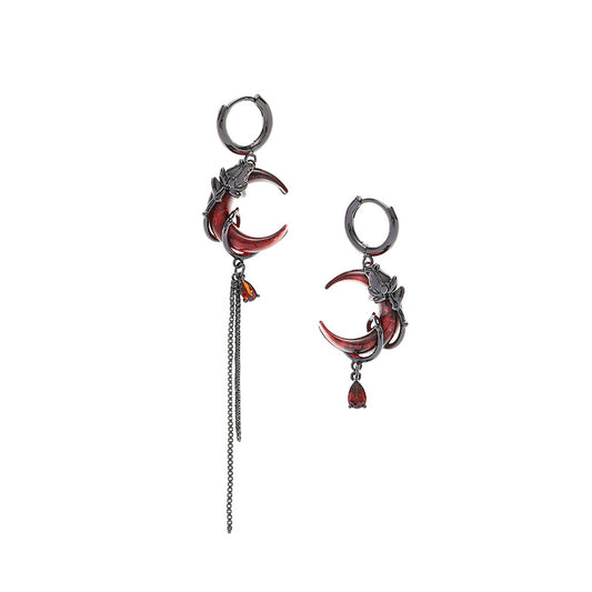 Gothic Red Half Moon & Black Rose Asymmetric Hoop Earring