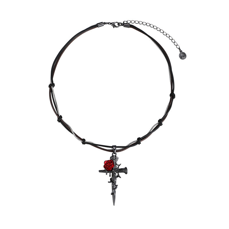 Gothic Style Red Rose & Cross Zircon Necklace