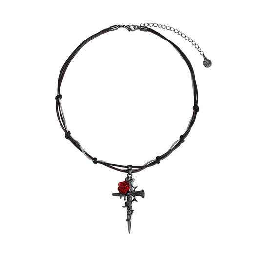 Gothic Style Red Rose & Cross Zircon Necklace