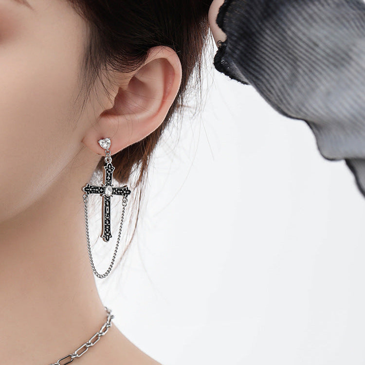 Y2K Gothic Punk Cross Rhinestone Asymmetrical Earrings