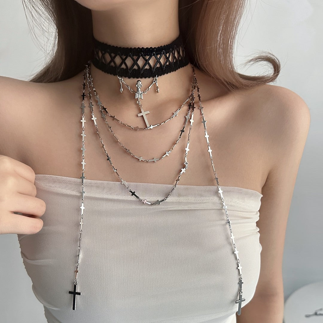 Goth Punk Cross and Skull Double Layer Choker Necklace