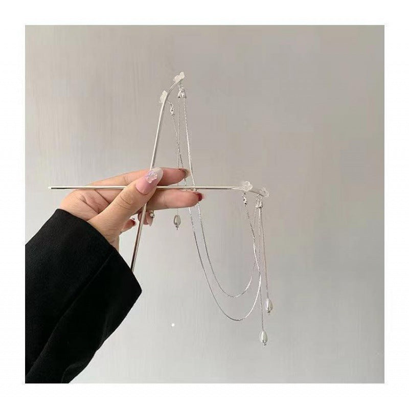 Women Designer Double Silver Flower Pearl Tassel Hairpin