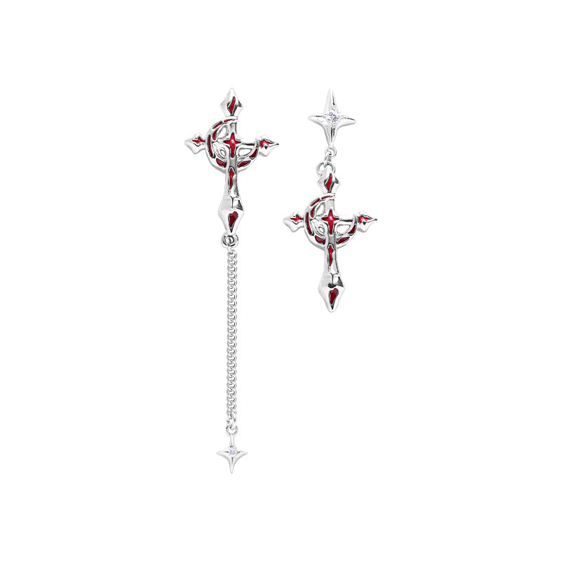 Goth Blood Moon & Cross Asymmetrical Earrings