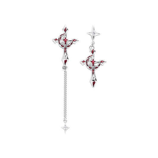 Goth Blood Moon & Cross Asymmetrical Earrings