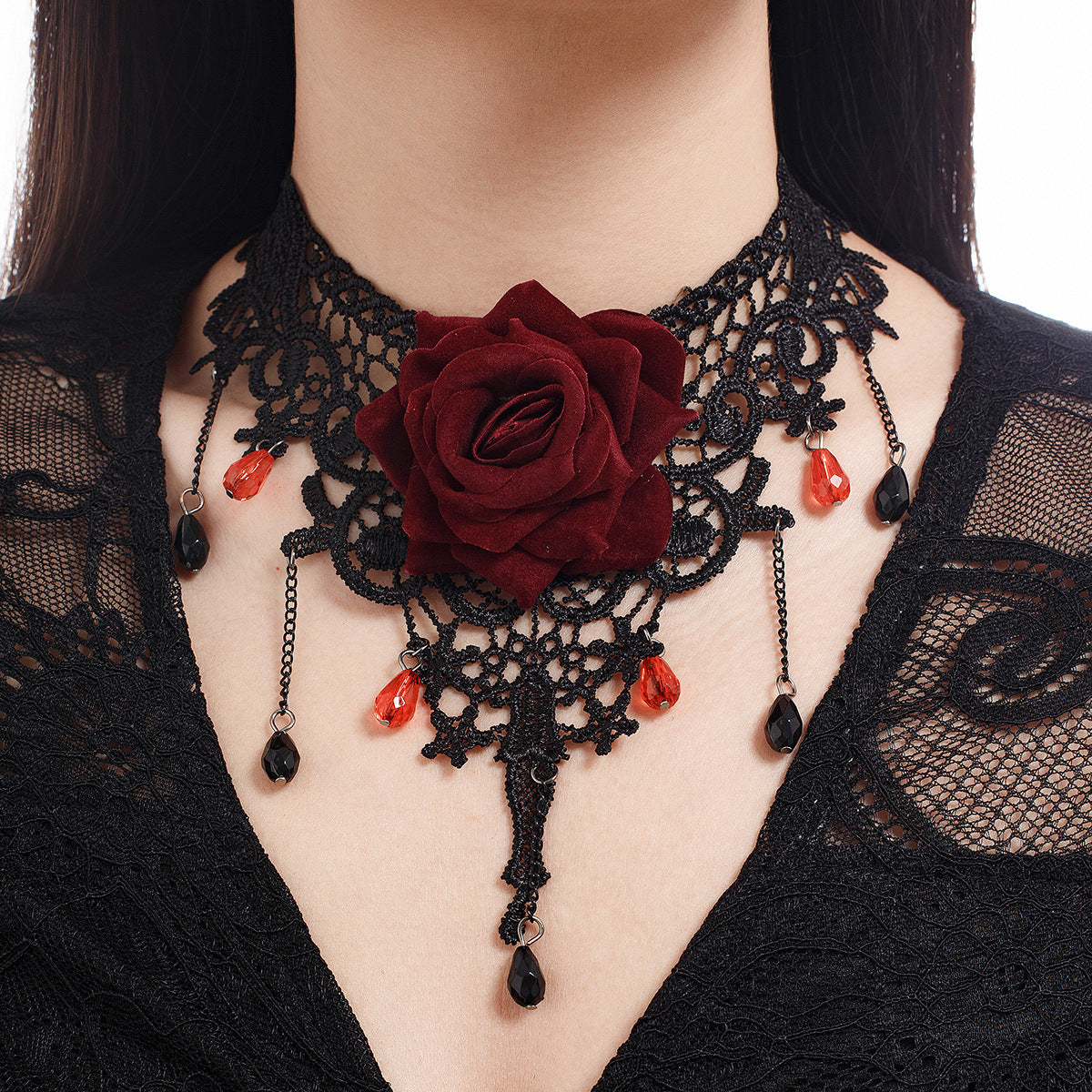 Gothic Girl Spitze Rote Rose Quaste Choker Halskette