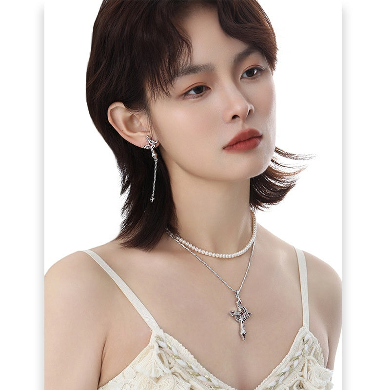 Goth Blood Moon & Cross Asymmetrical Earrings