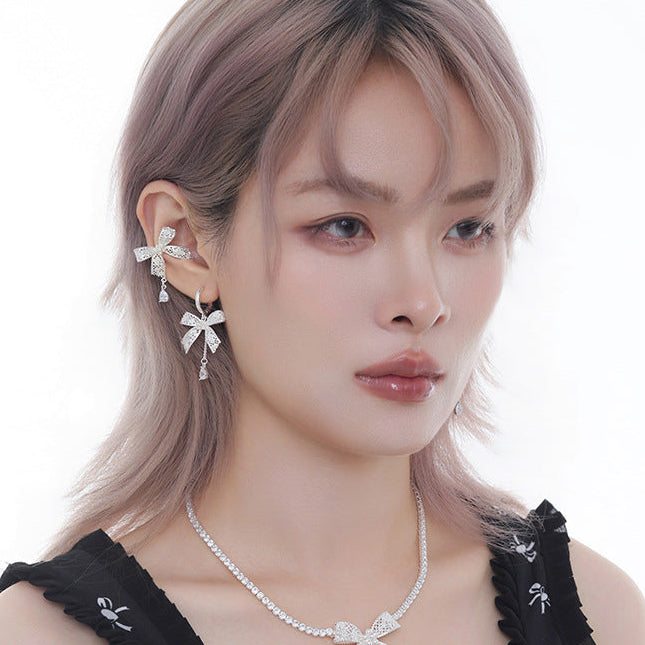 Asymmetrical Lace Bow Hoop Earrings