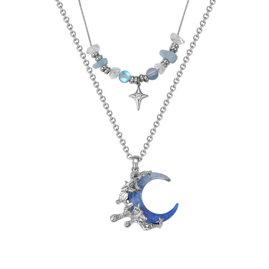 Y2K Blue Moon & Star Double Layer Necklace
