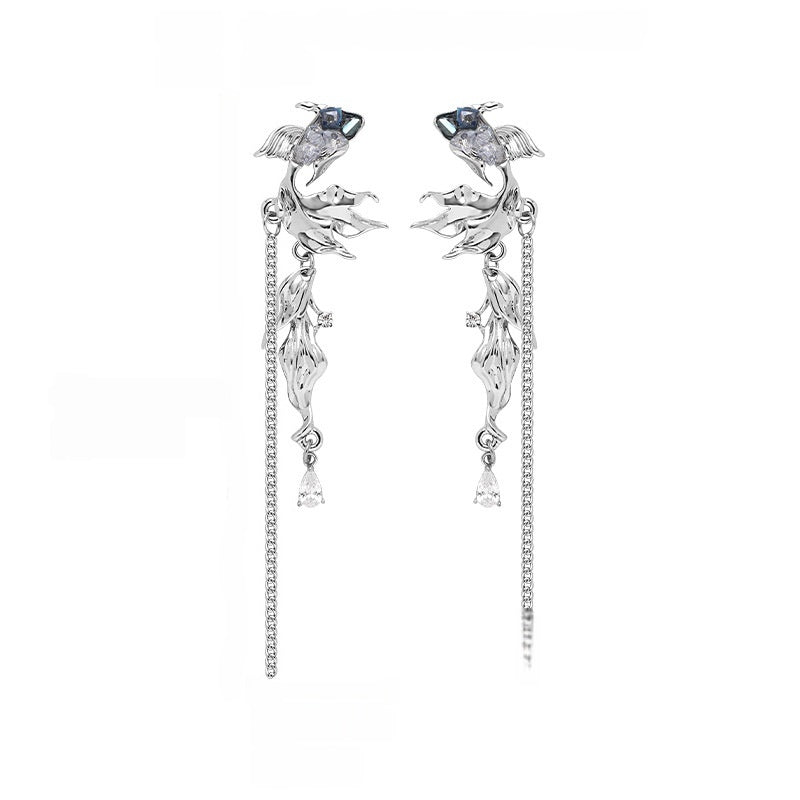 Rafayel Blue Fish Long Tassel Stud Earrings