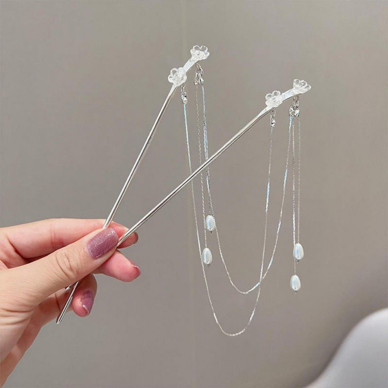 Women Designer Double Silver Flower Pearl Tassel Hairpin