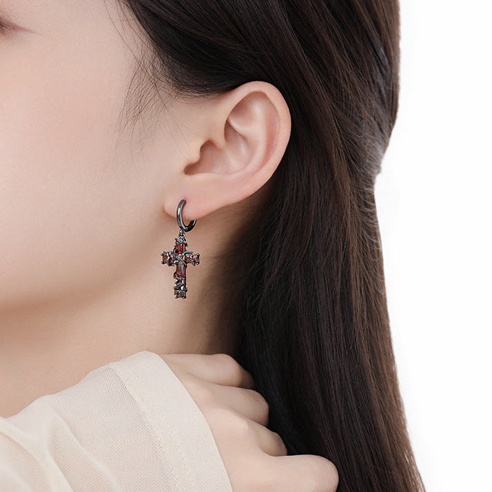 Goth Red Thorn Cross Hoop Earrings