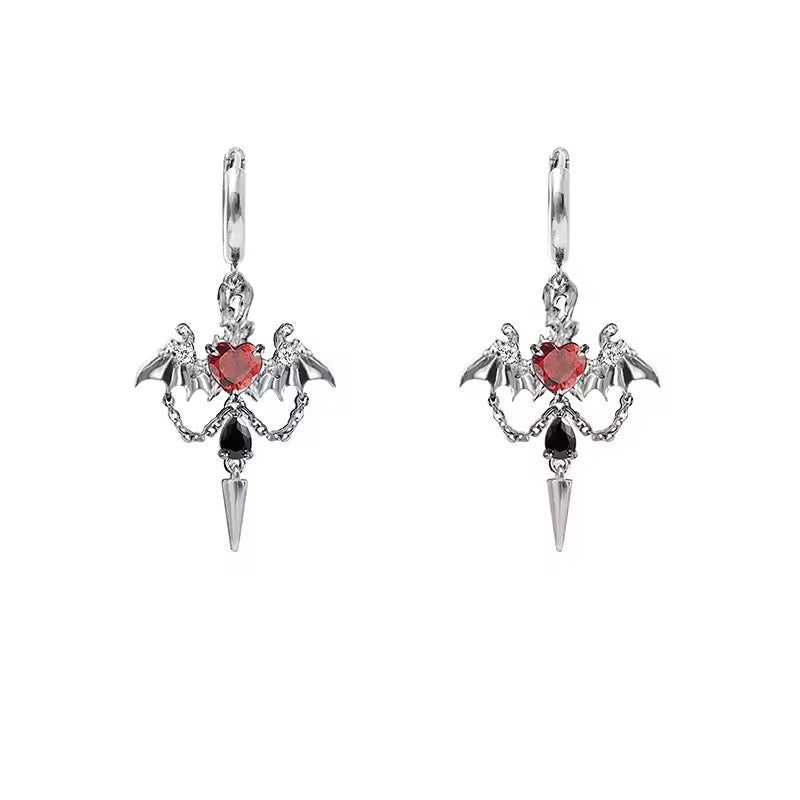 Gothic Bat Rhinestone Heart Hoop Earrings