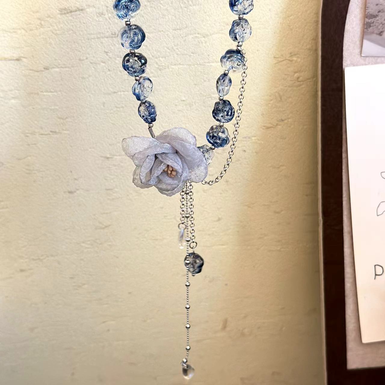 Süßes Mädchen Blau Organza Blume Perlen Quaste Choker Halskette
